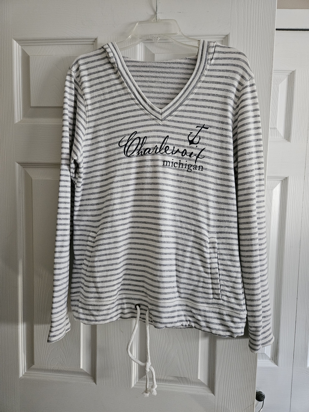 Gear For Sports Charlevoix Michigan Striped V-Neck Hoodie - White, Blue & Gray.